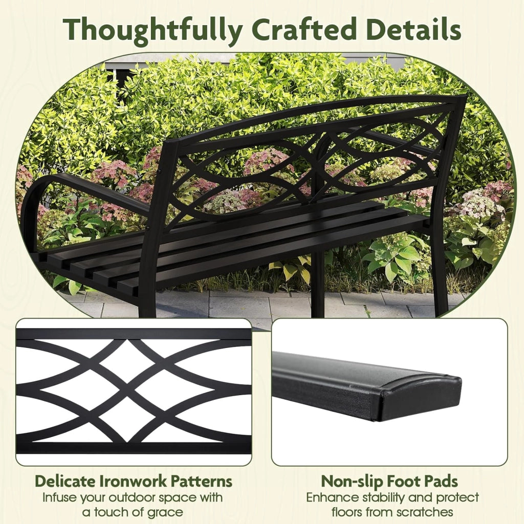 Panca da Esterno in Metallo, Panchina da Giardino 2 Posti con Braccioli, Schienale Ergonomico e Seduta a Doghe, Resistente agli Agenti Atmosferici, Panca da Terrazza, Parco, Cortile, Nero