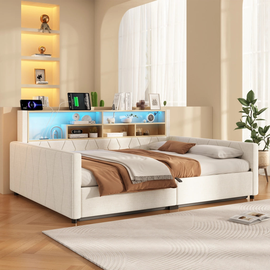 Letto contenitore 140x200 cm beige in lino e MDF con LED e prese USB