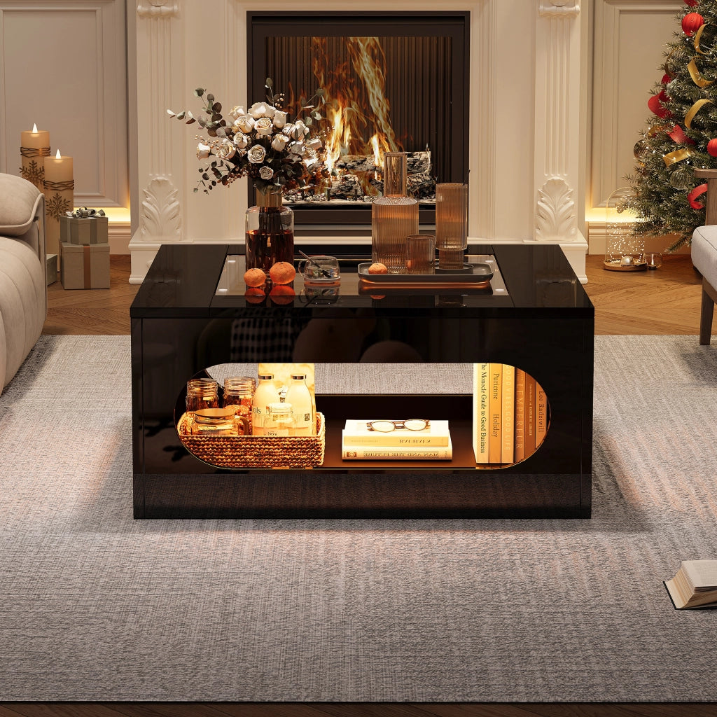 TAVOLINO DA SOGGIORNO 70x70x35 cm Nero in MDF e vetro temperato con LED