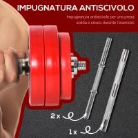 Set 2 in 1 Bilanciere e Manubri Pesi da 30kg, Dischi con Rivestimento in Plastica Antigraffio, Rosso e Nero