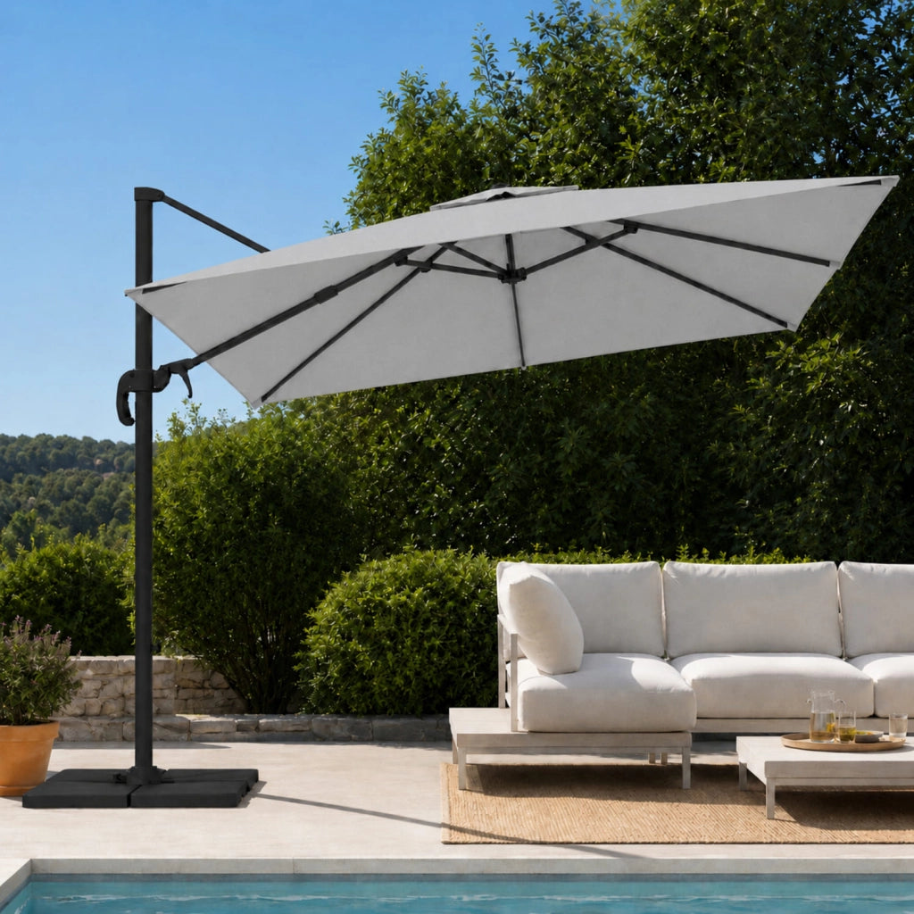 Ombrellone 180 M Giardino Braccio Retrattile Per Esterni Piscina Gazebo Terrazze Bar Hotel In Acciaio Inossidabile Braccio Rotabile 360° Telo 3x4 g/m2 Impermeabile Resistente Ai Raggi UV Grigio Chiaro