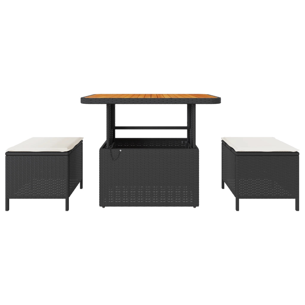 Set da pranzo da giardino 3 pezzi con cuscini in polirattan nero e acacia