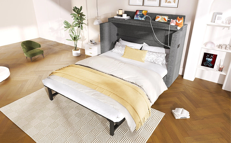 Letto a scomparsa 140x200 cm in lino grigio con cassetto, ripiano integrato e porte USB/Type-C