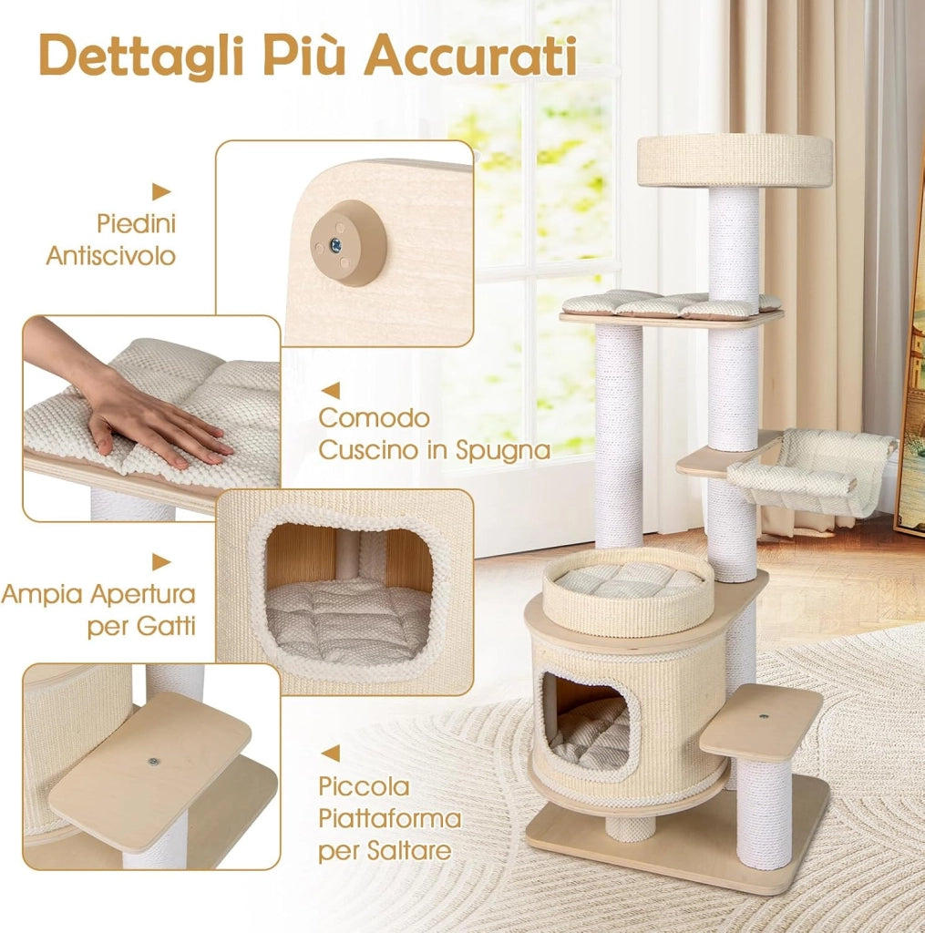 Albero per Gatti Alto 151 cm, Tiragraffi per Gatti con Comodo Poggiapiedi Imbottito, Condo a 2 Piani, Tappetini Morbidi Rimovibili, Posti Graffianti, Amaca Accogliente
