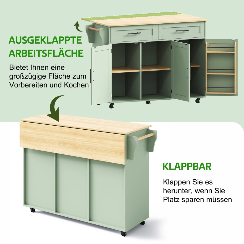 CARRELLO CUCINA ALLUNGABILE 129x71x91,5 cm Verde Antico MDF con ruote e piedi