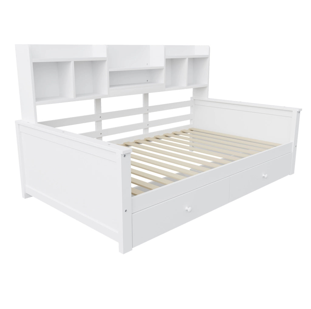 Letto singolo 90x200 cm con cassetti; ripiani laterali e rete a doghe; bianco