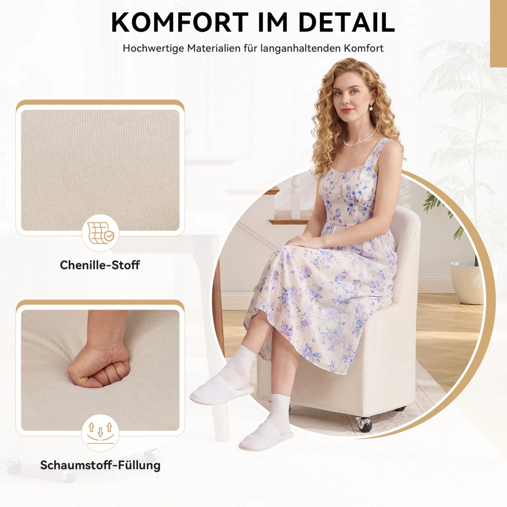 Set 2 sedie da pranzo in chenille beige con ruote girevoli 360°, senza braccioli, rivestimento sfoderabile