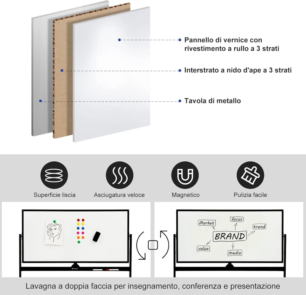 Lavagna Bianca Magnetica Doppia, Design Regolabile in Altezza con Ruote Bloccabili, 6 Pennarelli, 12 Calamite e 1 Cancellino, Ideale per Casa Ufficio e Scuola, 126 x 59 x 145/165 cm (Nero)