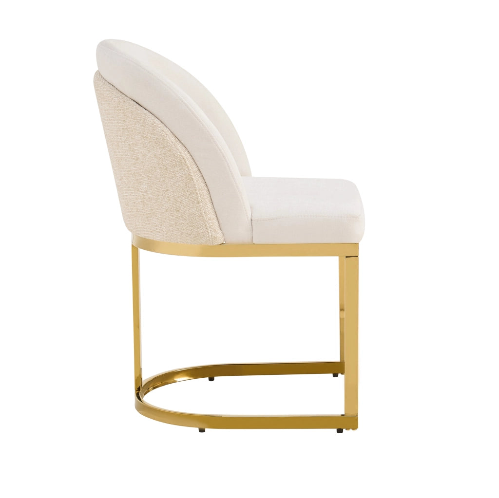 Set di 6 sedie da pranzo con doppio schienale e gambe in metallo rivestite in chenille beige e oro