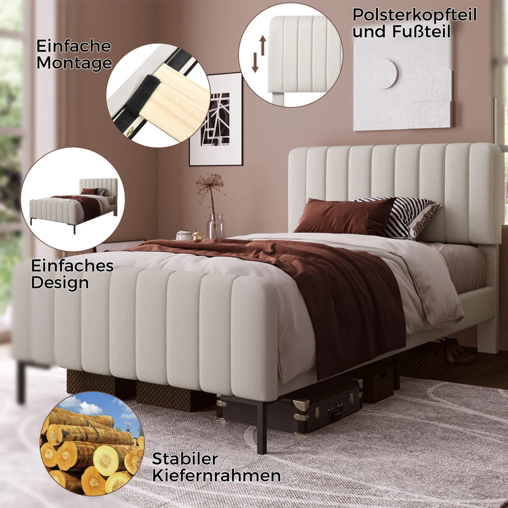 LETTO Singolo 90x200 cm in lino grigio-beige con testiera regolabile e rete a doghe