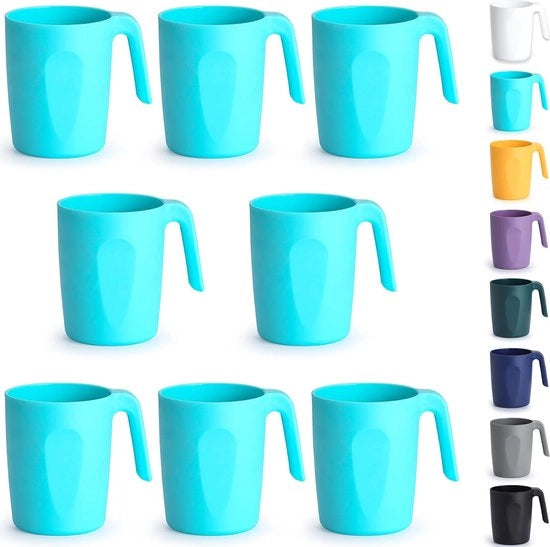Set di tazze da caffè in plastica blu, con manico, da 8 pezzi, 450 ml, tazza da caffè in plastica con maniglia, riutilizzabile, becher da acqua, facile da trasportare, ideale per casa, giardino, picnic, campeggio.