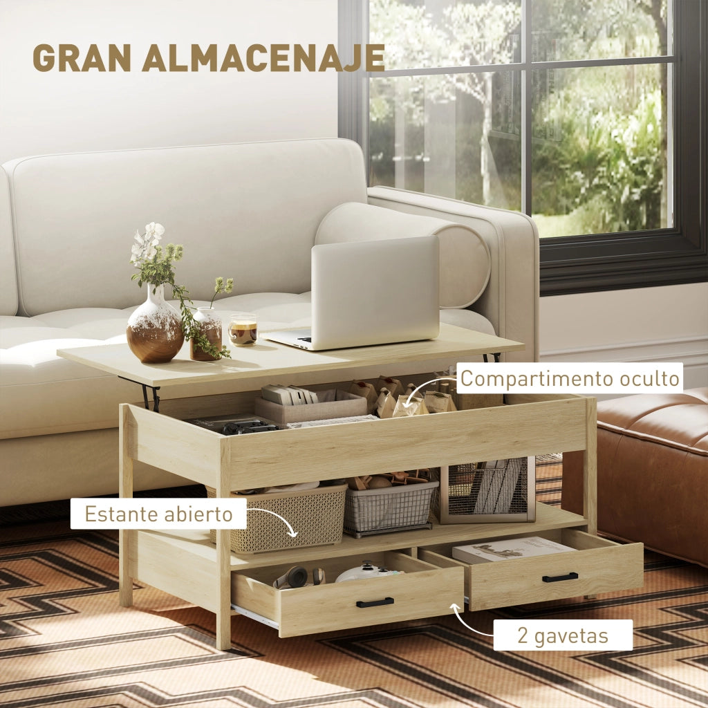 Tavolino da caff¨¨ elevabile con cassetti e ripiano ¨C Xylo ¨C Rovere 100x50x48-62 cm