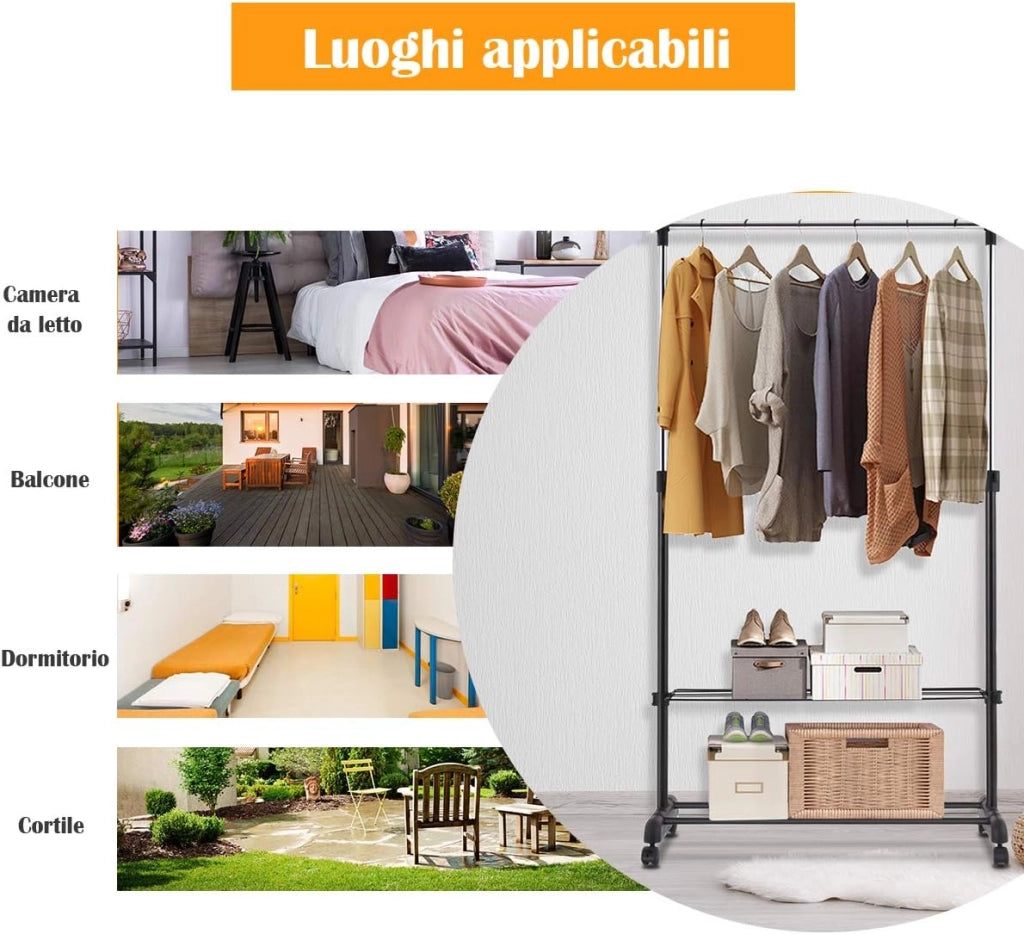 Appendiabiti da Terra Multiuso, Stand Appendiabiti in Acciaio, Porta Abiti con Ruote, Attaccapanni Estensibile, 84 x 42 x 92-168 cm, Nero