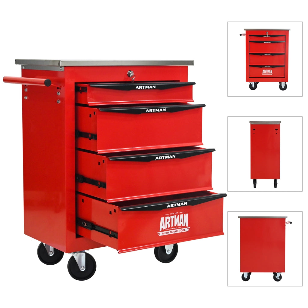 Carrello portautensili con 4 cassetti 4 ruote e serratura per garage e officina in acciaio rosso e nero 62.5 × 34.5 × 78 cm