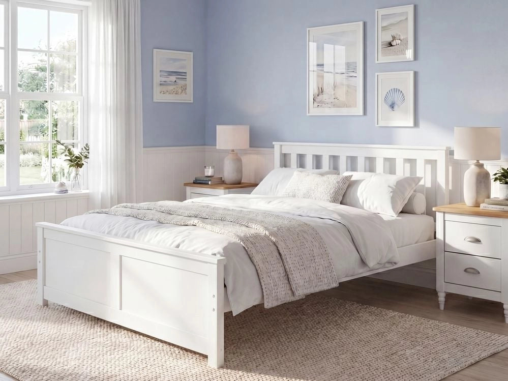 Letto con rete bianca in MDF di pino, 120 x 200 cm, con testiera minimalista