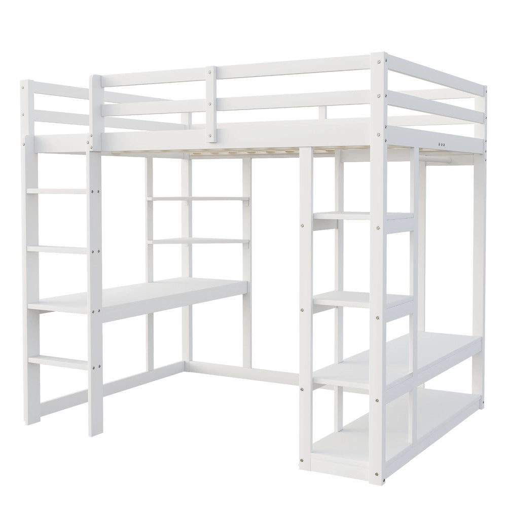Letto a soppalco con scala, scrivania e scaffali ¨C MINIMAL ¨C Legno massello, Bianco, 140x200