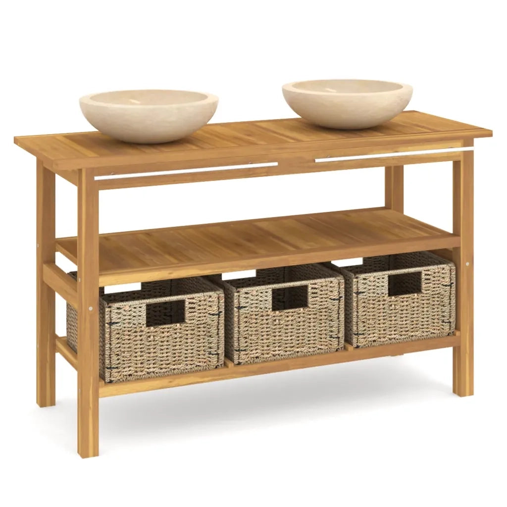 Mobile Vanità Bagno e Lavandini Marmo Crema Legno Massello Teak 3096587