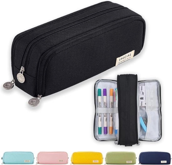 Etui multifunzionale ampio con 3 contenitori - Etui per scuola ragazzi e ragazze - Ufficio - Tasca per pennarelli - Scuola - Materiali scolastici - Accessori per viaggio - Tasca per cavi - Nero