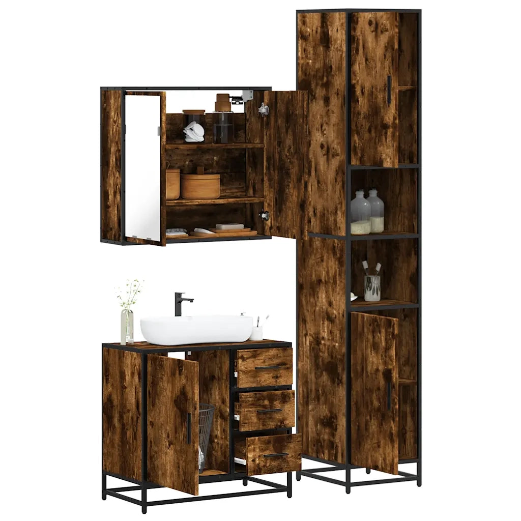 Set Mobili da Bagno | Armadio da bagno 3 pz Rovere Fumo in Legno Multistrato