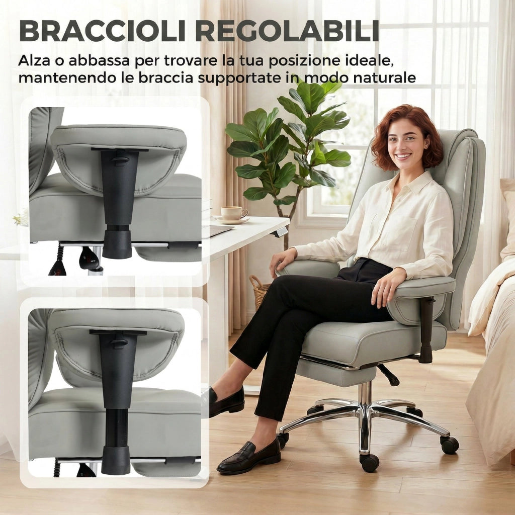 Sedia da Ufficio Reclinabile con Schienale Alto e Poggiapiedi ¨C Zephmum ¨C Grigio Chiaro
