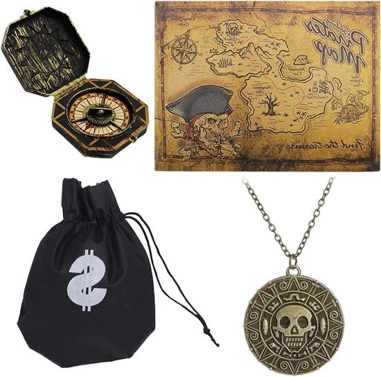 Costume da pirata per uomo con orologio, borsa di monete, mappa e teschio per Halloween, carnevale e feste tematiche