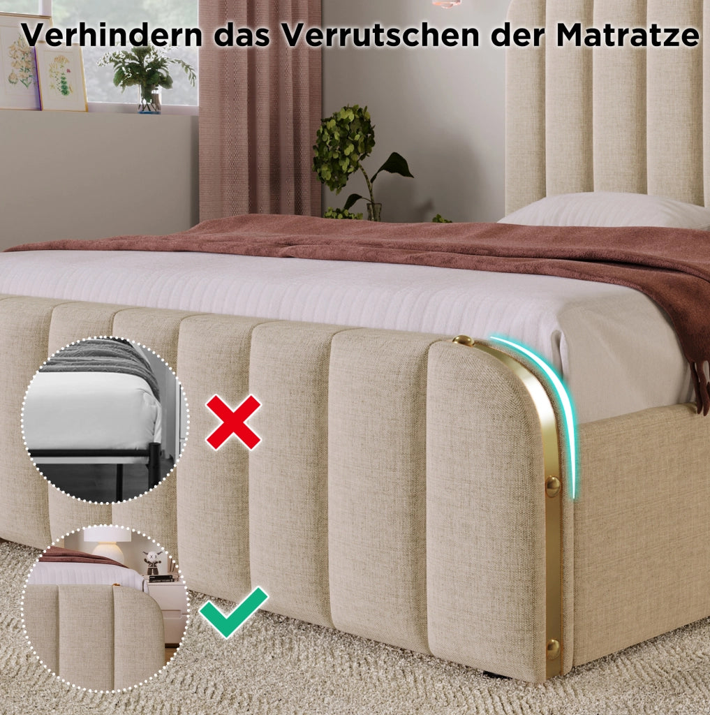 Letto singolo 90x200 cm con contenitore idraulico e USB-C beige