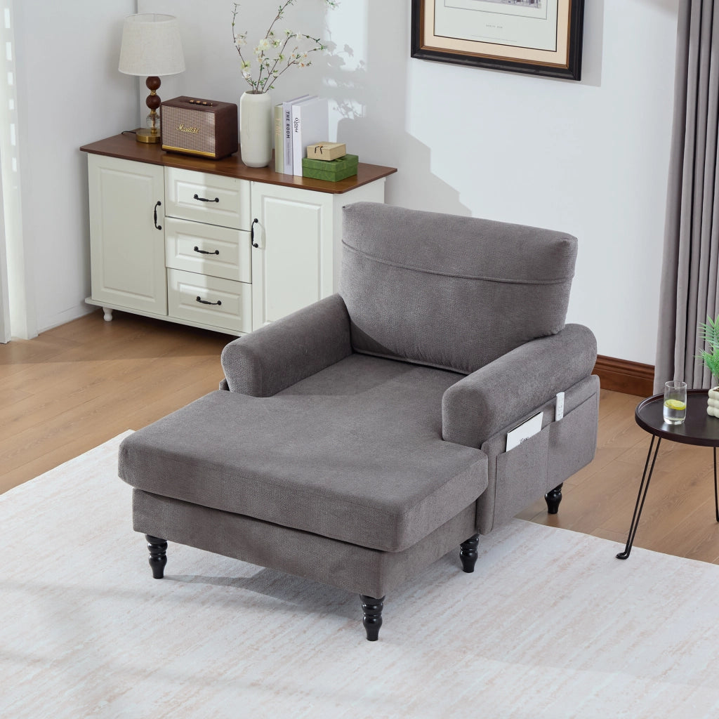 Poltrona Relax Ampia con Tasche Laterali Schienale e Braccioli Confortevoli Piedi in Legno Massello in Ciniglia Grigio Scuro
