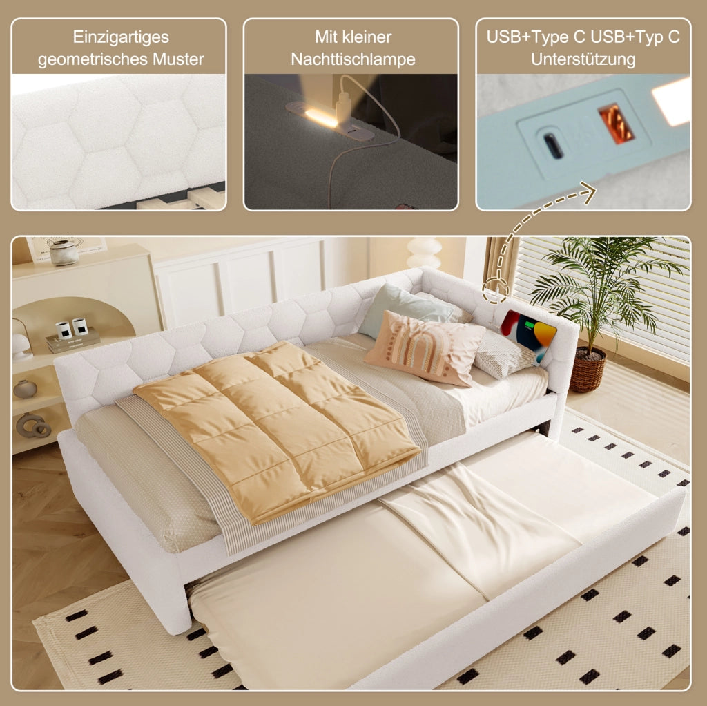 Letto Daybett 90x200 cm con Rete e Divano Letto Estraibile, USB e Lampada da Comodino, Bianco