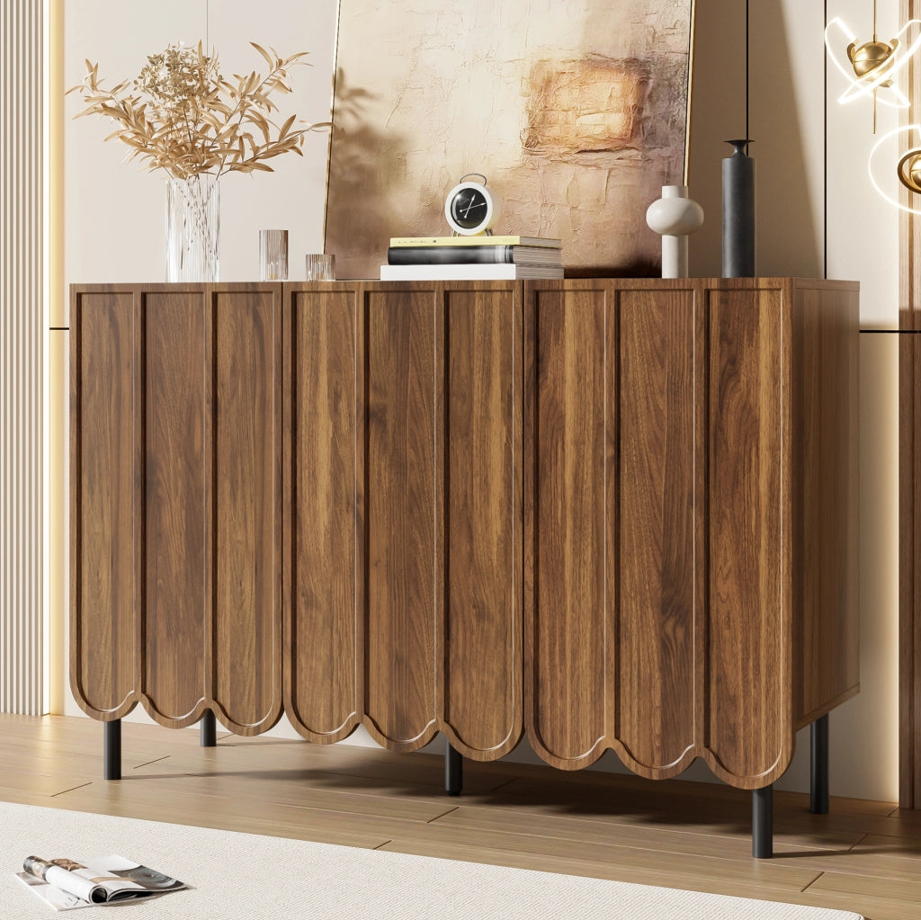 Credenza 120x35x80 cm color noce in MDF, ante ondulate e ripiani regolabili