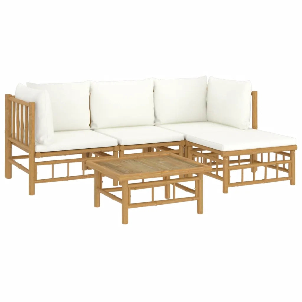 Set Salotto da Giardino 5pz con Cuscini Bianco Crema in Bambù 3155178