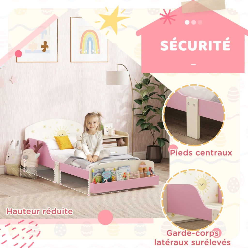Letto singolo per bambini con barriera di sicurezza, rete a doghe e contenitore ¨C zephmum ¨C rosa 70x140 cm