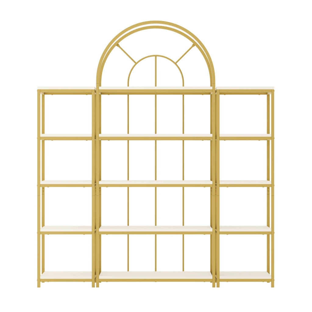 Scaffale modulare 3 pezzi 163×30×184 cm, struttura in metallo oro e MDF bianco, design ad arco
