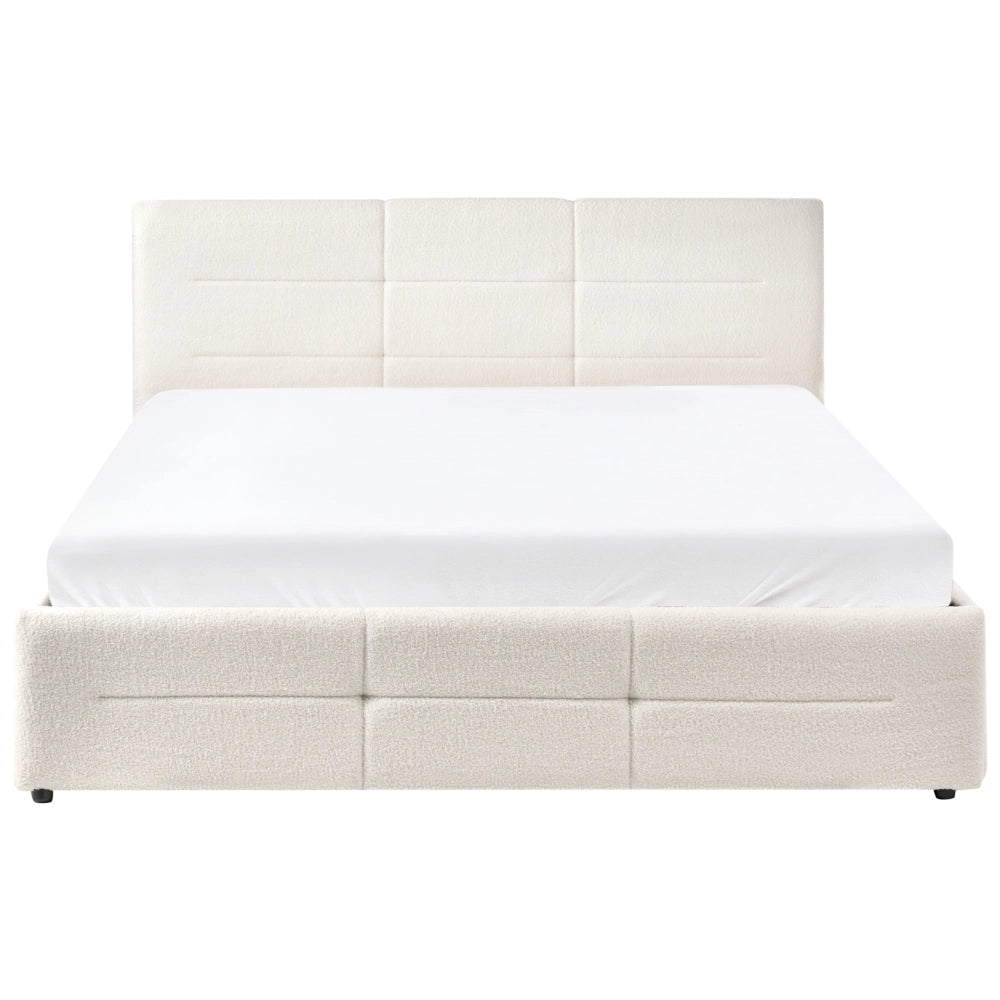 Letto ottomano bianco sporco bouclé 160x200 cm con testiera sollevabile e base a doghe Design moderno