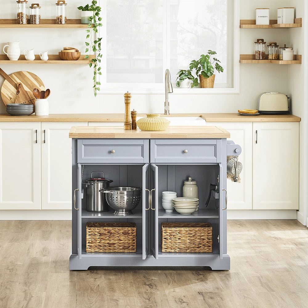 SoBuy Carrello Cucina con Ruote, Isola Cucina con Piano di Lavoro Estensibile, 2 Cassetti e Ripiani Regolabili Mobile Salvaspazio per Mobili da Cucina, Grigio 115 x 46-71 x 92 cm FKW71-II-HG