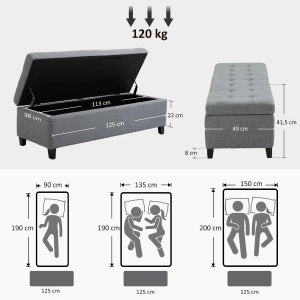 Panca imbottita con vano contenitore, effetto lino, colore grigio, 125 x 49 x 41,5 cm