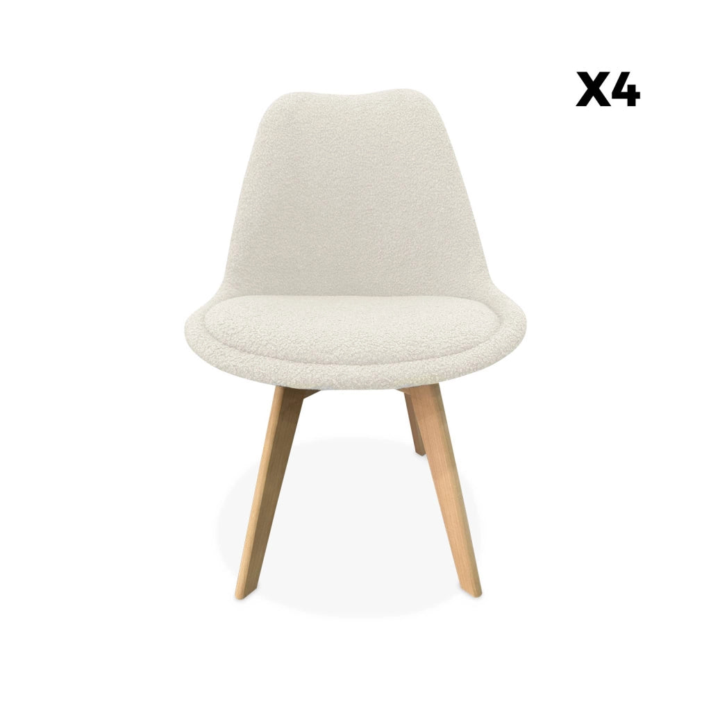 Set 4 sedie scandinave bouclé e gambe in legno, bianco