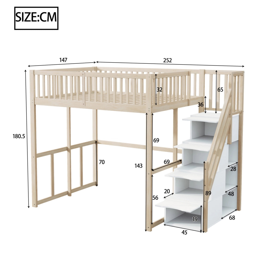 Letto a soppalco 140x200 cm in legno con scala contenitore