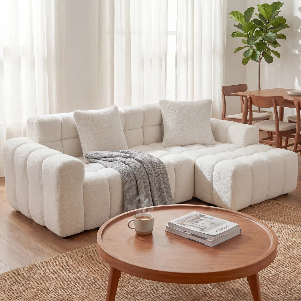 Divano angolare convertibile a L; stile moderno; colore bianco