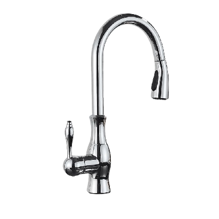 NAVIS | Elegante rubinetto cucina estraibile in acciaio inox cromato argento, arco alto, miscelatore di lusso, alta pressione, 360°, 2 attacchi