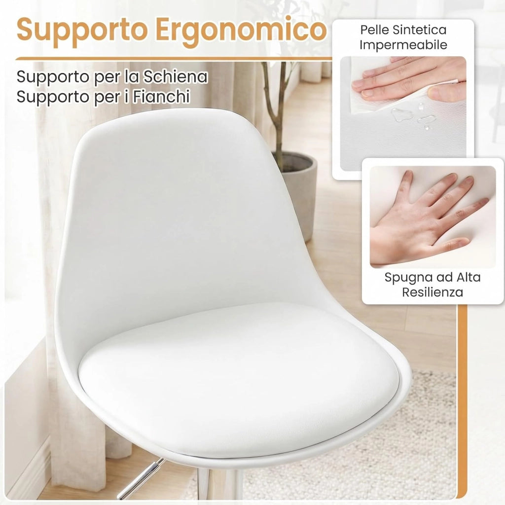 Set da 2 Sgabelli da Bar, Sedie da Banco alte Rivestite in Ecopelle con Schienale, Sedili Imbottiti e Poggiapiedi, Sgabelli Girevoli Regolabili per Bar Domestici e Isole Cucina (Bianco)