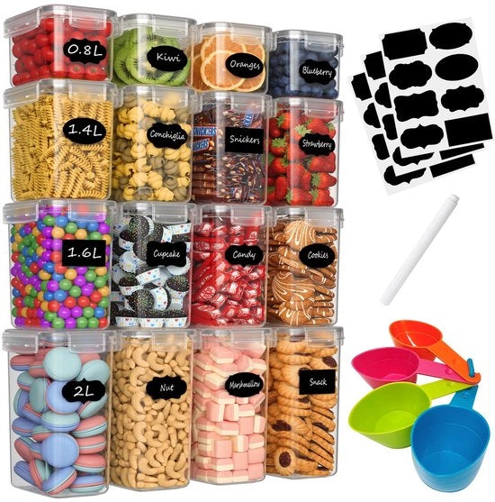 Set di Scatole di Stoccaggio Aria Tappata da 16, Scatola di Stoccaggio per Cucina con Coperchio in Plastica, Organizzatore di Scatole di Stoccaggio per Fiori, Granaglie, Cornflakes (2L 1.6L 1.4L 0.8L)
