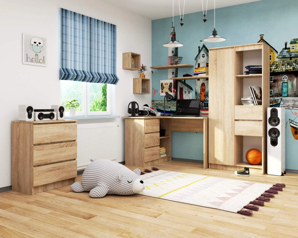 Scrivania angolare AKORD B16 Sonoma Quercia 124 cm 3 cassetti 124x85x77 cm Modello a sinistra