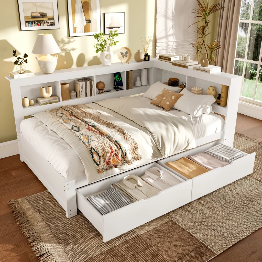 Letto a Divanetto 140x200 cm con Prese; 2 Porte USB; 2 Cassetti; in MDF e Pino; Bianco