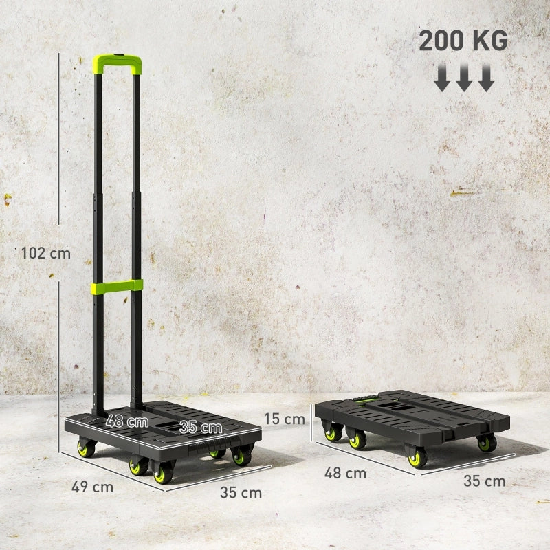 Carrello pieghevole in metallo con ruote e maniglia regolabile, 49 x 35 x 102 cm, verde.