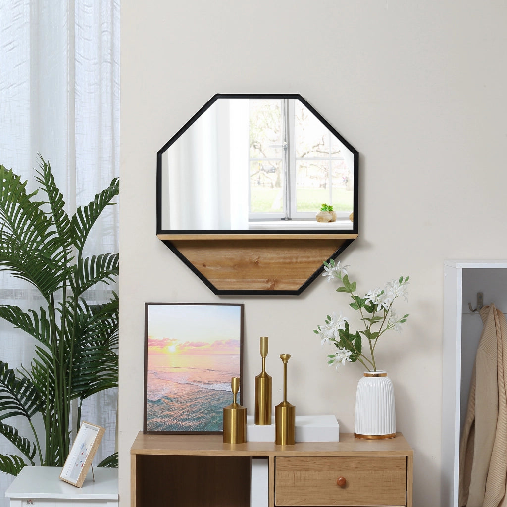 EasyComfort Specchio da Parete Ottagonale in Metallo con Mensola in Legno, 61x61cm Nero