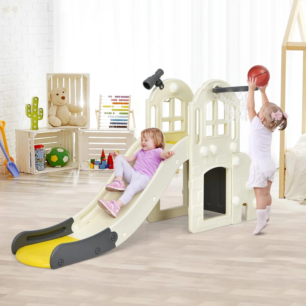 Scivolo per Bambini 6 in 1, Set da Gioco per Bambini con Canestro, Palla, Lancio dell'Anello e Cannocchiale, Ideale per Interni ed Esterni per Ragazzi e Ragazze, 189,5 x 83 x 98 cm (Giallo)