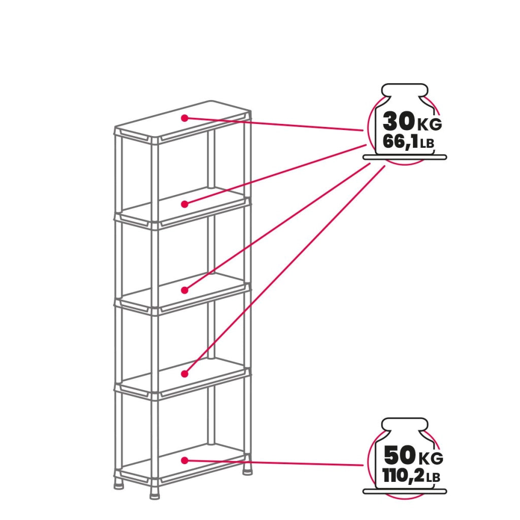 Scaffale Universal Pro 735 a 5 ripiani ventilati per interni in resina con fissaggio a muro colore nero 71x35x180 cm Toomax