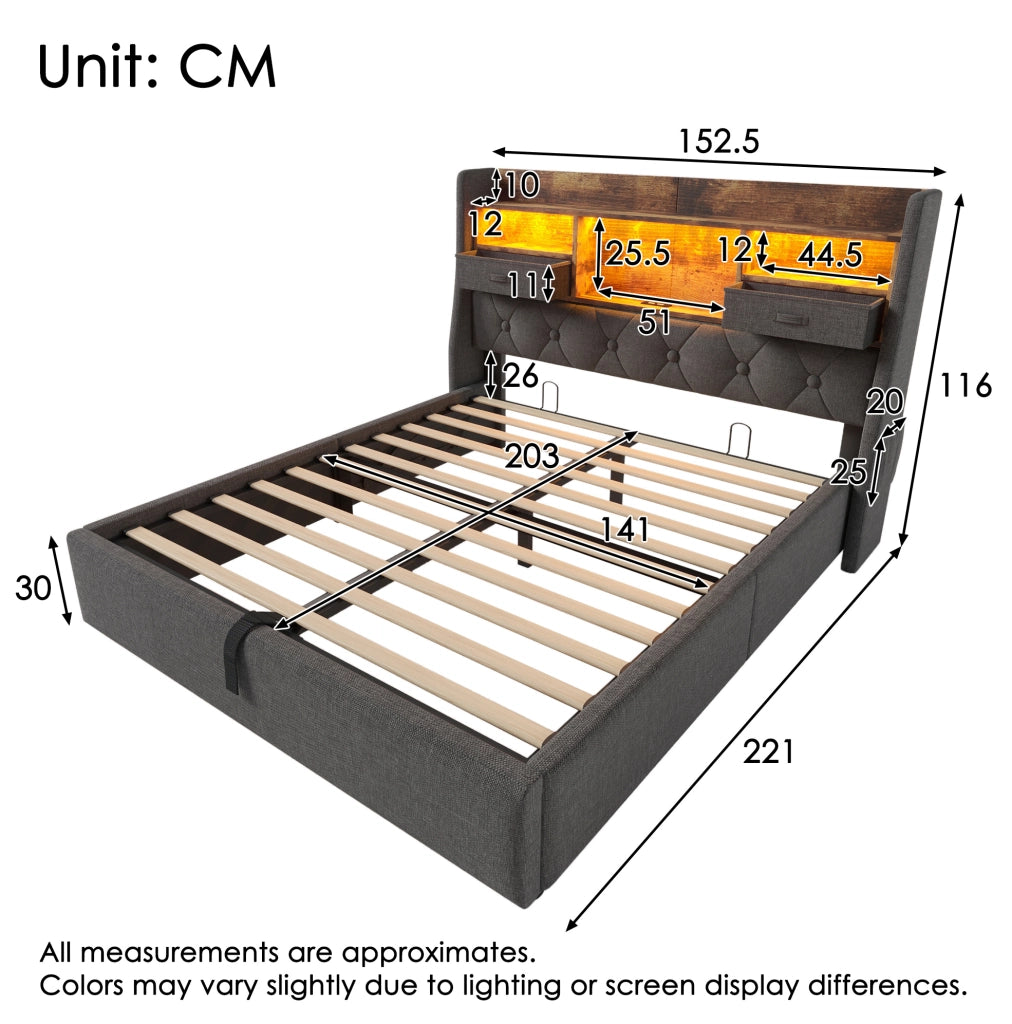 Letto contenitore idraulico 140 × 200 cm con LED; USB e Type-C; tessuto di lino grigio