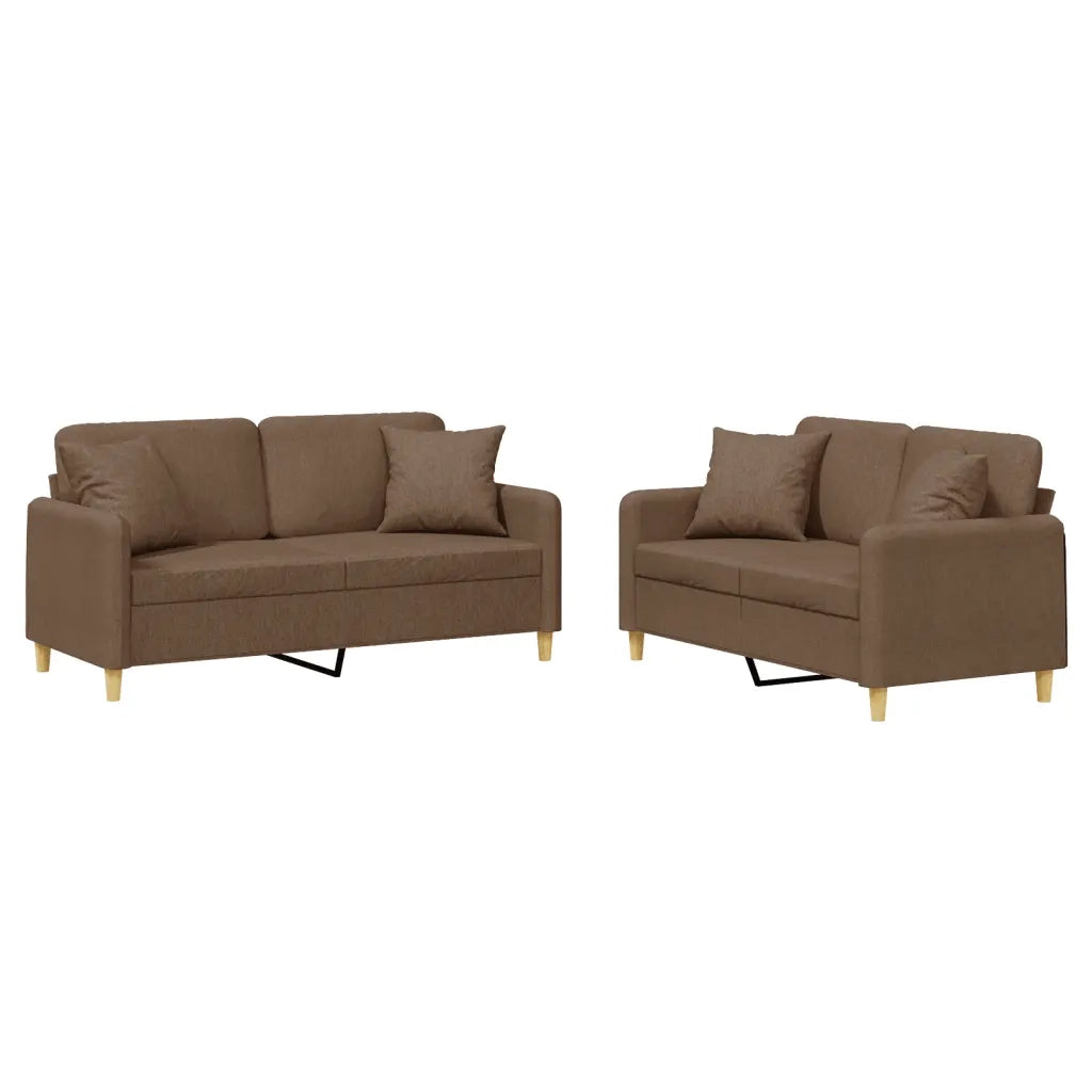 Set di Divani 2 pz con Cuscini Marrone in Tessuto