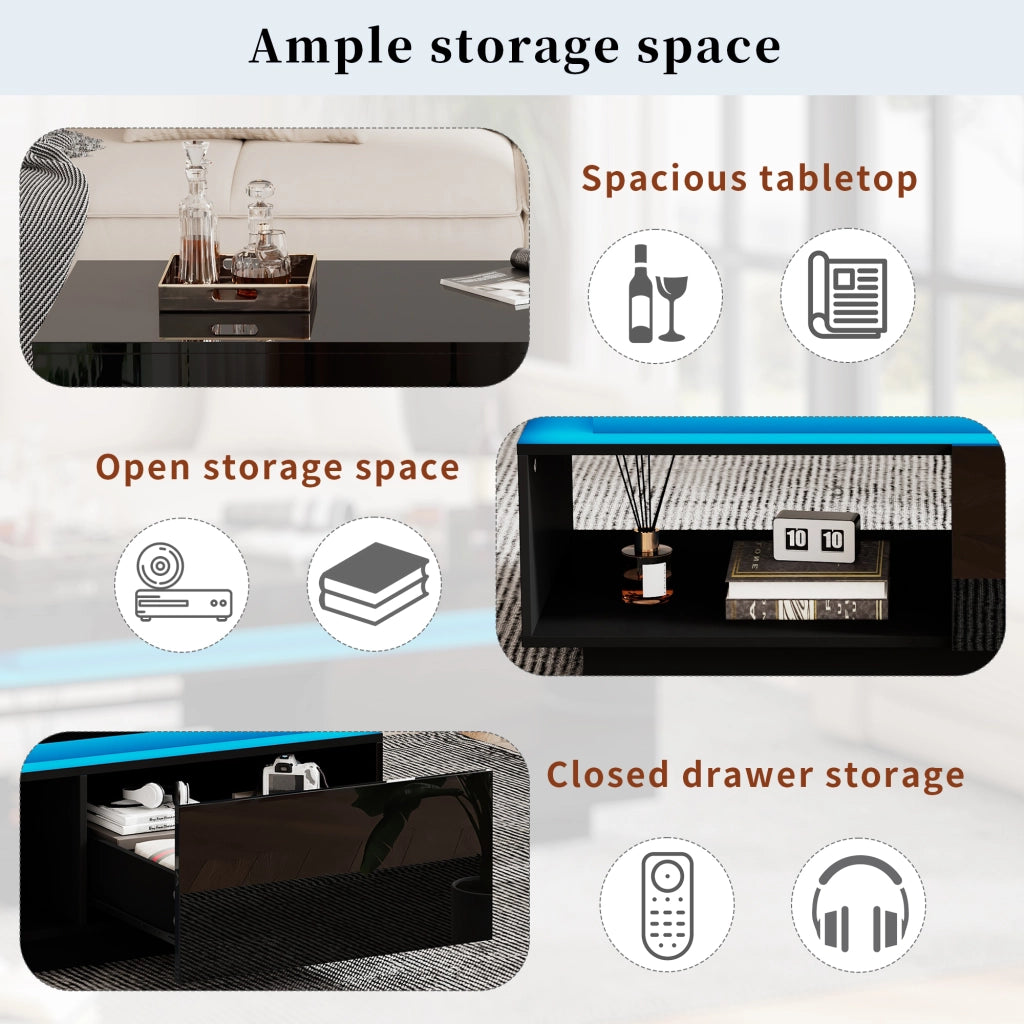 OKWISH Set mobili soggiorno Mobile TV e Tavolino con LED, Frontali Lucidi, in Pannelli di Truciolare Nero
